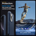 ACS08118 - iPhone 16 Pro Case Liquid Air in Navy Blue showing the all-around protection. Raised edges keep the screen  and camera scratch-free. Air Cushion Tech. Absorbs and mitigates all impacts in each corner