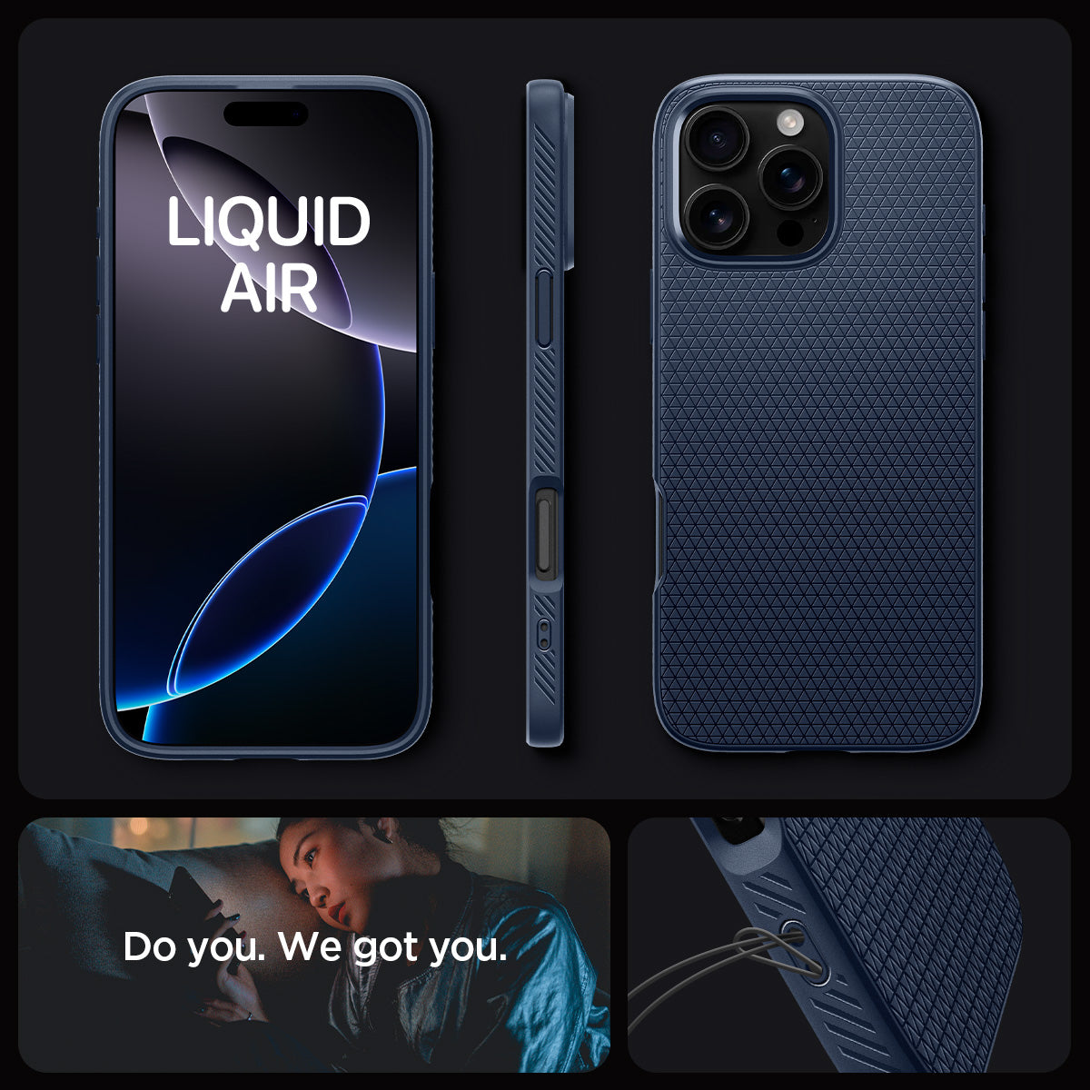 ACS08118 - iPhone 16 Pro Case Liquid Air in Navy Blue showing the different angles