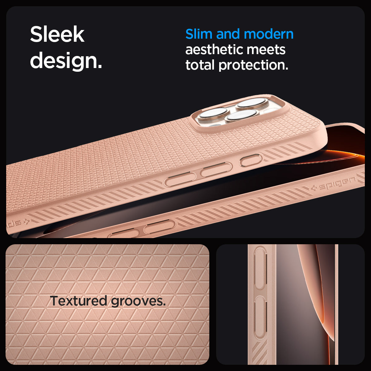 ACS08687 - iPhone 16 Pro Max Case Liquid Air in Rose Titanium showing the sleek design. Slim and modern aesthetic meets total protection with textured grooves