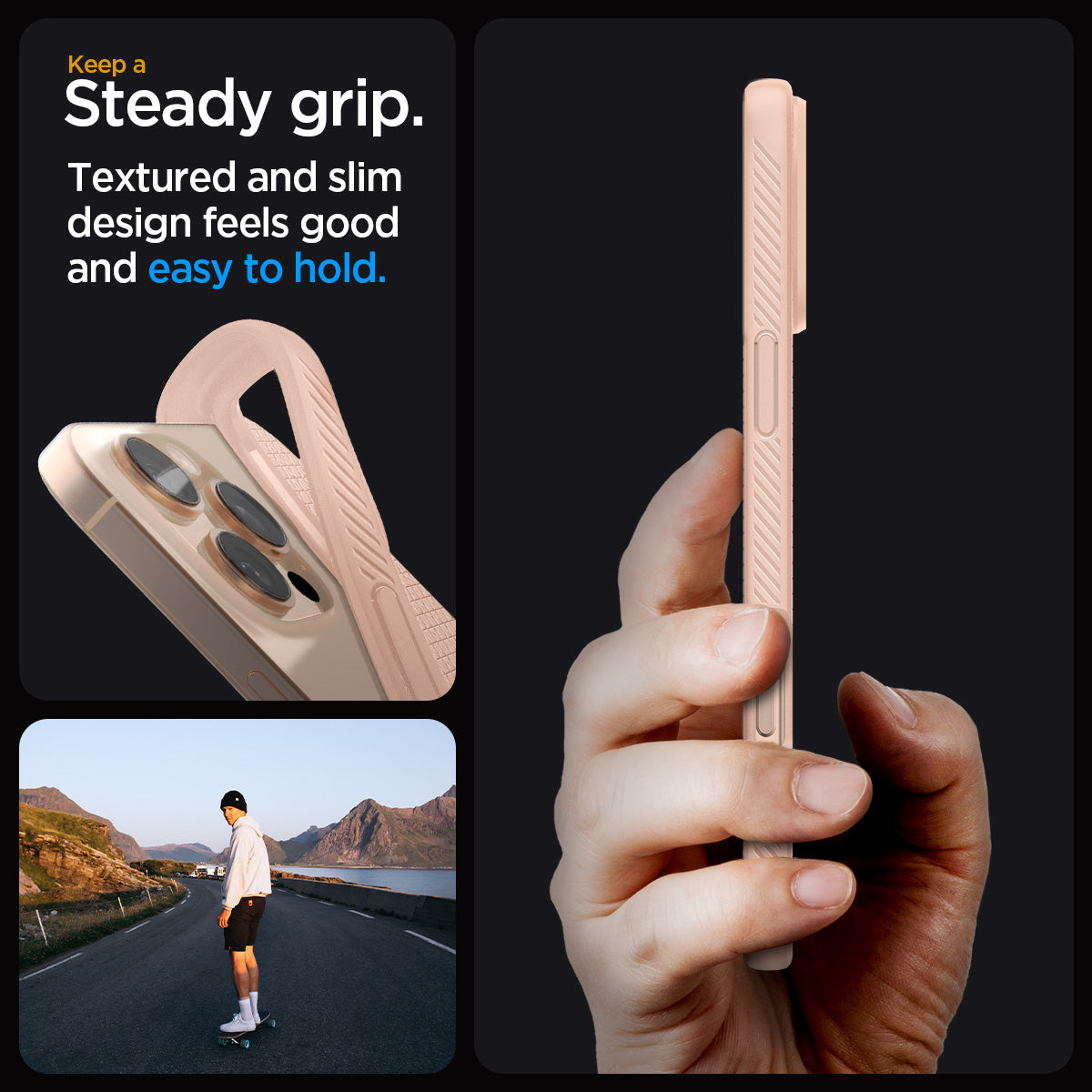 ACS08692 - iPhone 16 Pro Case Liquid Air in Rose Titanium showing the steady grip. Textured and slim design feels good and easy to hold