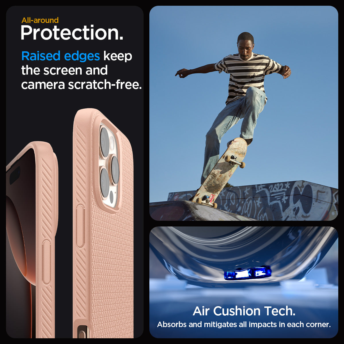 ACS08692 - iPhone 16 Pro Case Liquid Air in Rose Titanium showing the all-around protection. Raised edges keep the screen  and camera scratch-free. Air Cushion Tech. Absorbs and mitigates all impacts in each corner