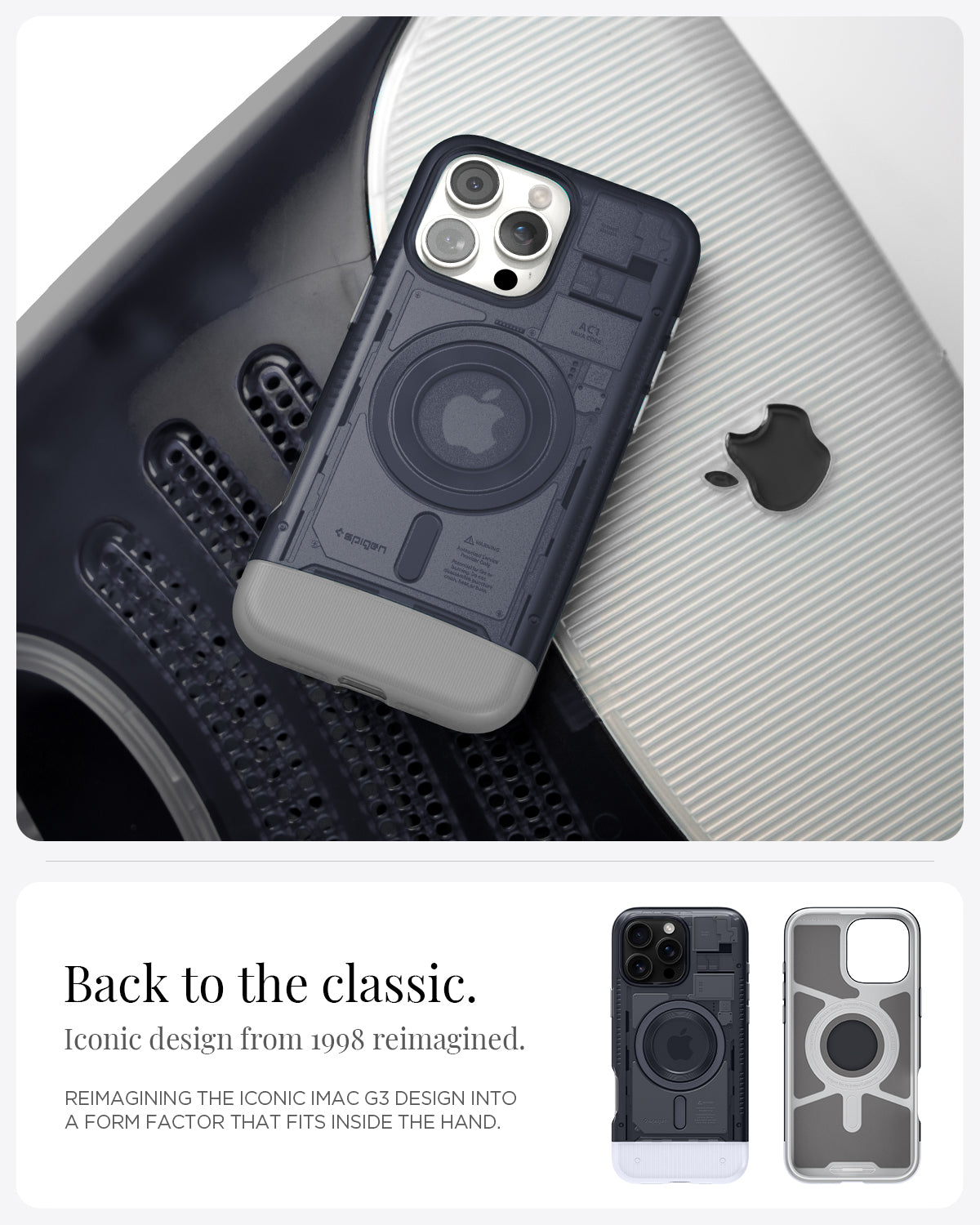 ACS08152 - iPhone 16 Pro Case Classic C1 (MagFit) in Graphite Back to the classic iconic design from 1988 reimagined. reimagining the iconic imac g3 design into a form factor that fits inside the hand.