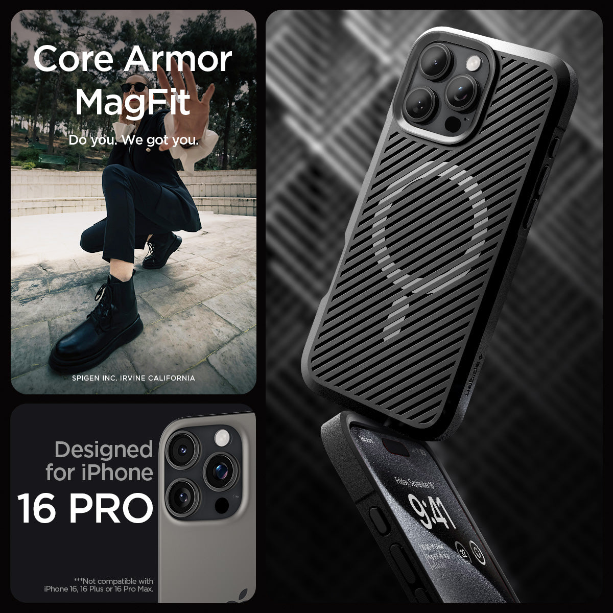 ACS08158 - iPhone 16 Pro Case Core Armor (MagFit) in Matte Black showing the compatibility only with iPhone 16 Pro