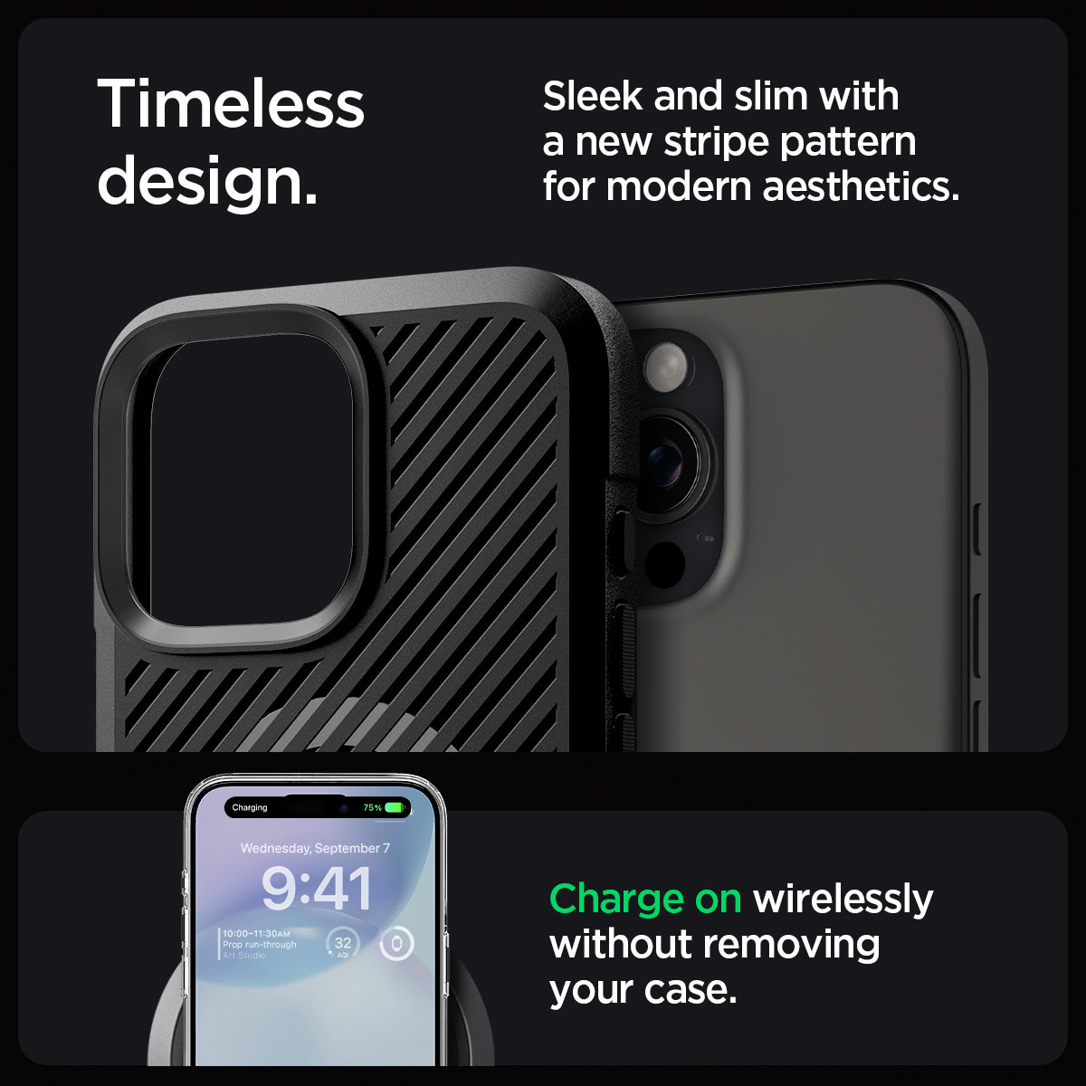 ACS08158 - iPhone 16 Pro Case Core Armor (MagFit) in Matte Black showing the timeless design. Sleek and slim with a new stripe patter for modern aesthetics. Charge on wirelessly without removing your case