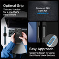 ACS08158 - iPhone 16 Pro Case Core Armor (MagFit) in Matte Black showing the optimal grip. Thin and durable for a grip that's easy to hold. Textured TPU sides for added grip. Easy Approach, Spigen's design for using the iPhone's new buttons