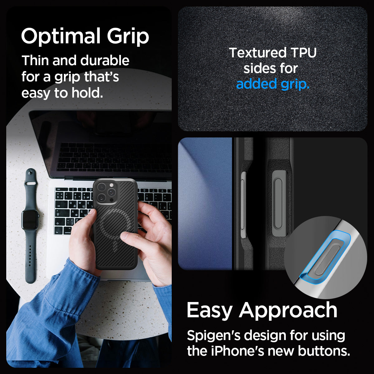ACS08158 - iPhone 16 Pro Case Core Armor (MagFit) in Matte Black showing the optimal grip. Thin and durable for a grip that's easy to hold. Textured TPU sides for added grip. Easy Approach, Spigen's design for using the iPhone's new buttons