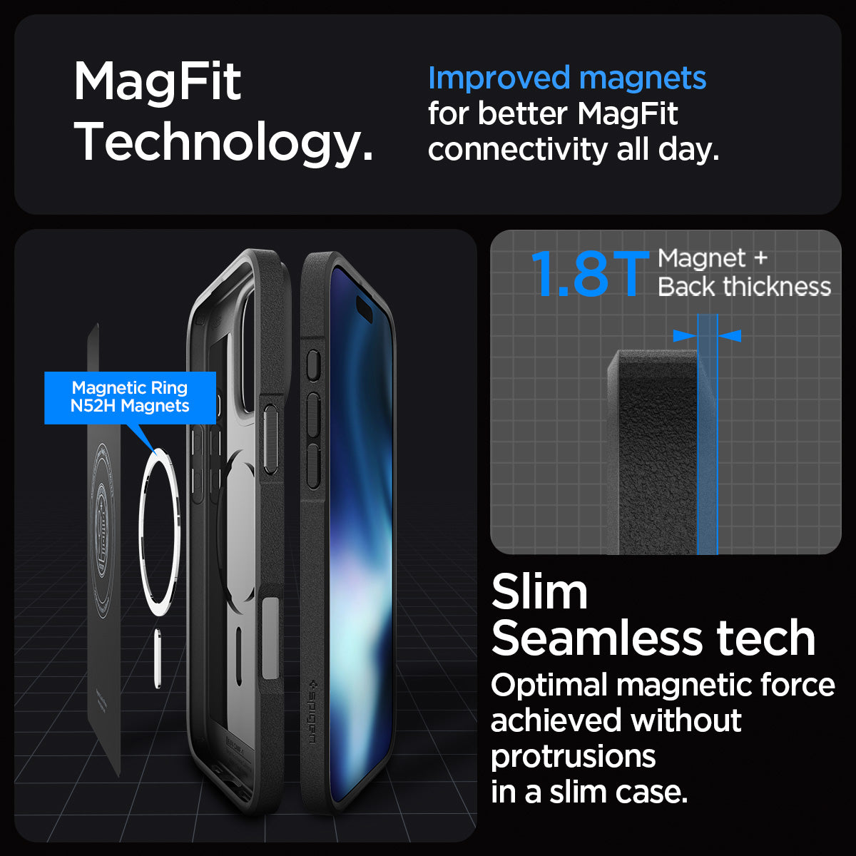 ACS08158 - iPhone 16 Pro Case Core Armor (MagFit) in Matte Black showing the MagFit Technology. Improved magnets for better MagFit connectivity all day. Magnet Ring N52H Magnets. 1.8T Magnet + Back thickness. Slim Seamless tech, optimal magnetic force achieved without protrusions in a slim case
