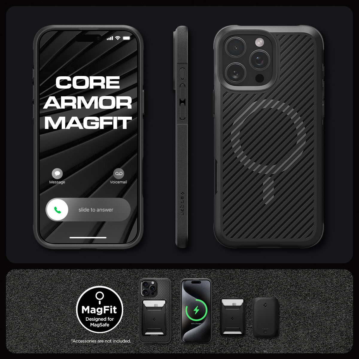 ACS08158 - iPhone 16 Pro Case Core Armor (MagFit) in Matte Black showing the different angles