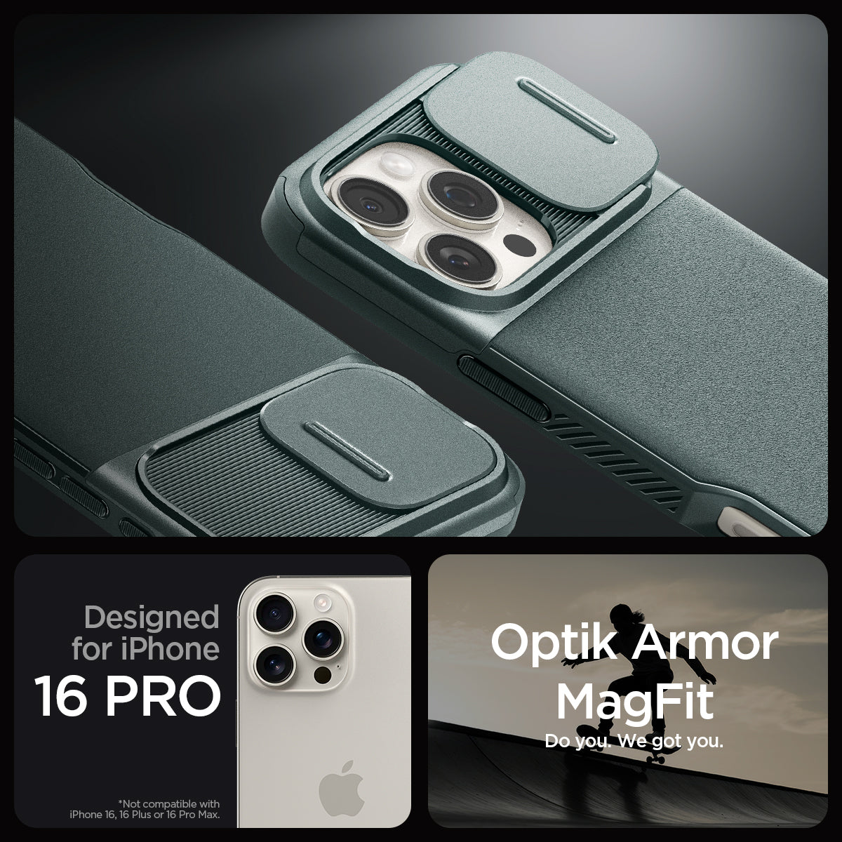 ACS08150 - iPhone 16 Pro Case Optik Armor (MagFit) in Abyss Green showing the compatibility only with iPhone 16 Pro. Not compatible with iPhone 16, 16 Plus or 16 Pro Max