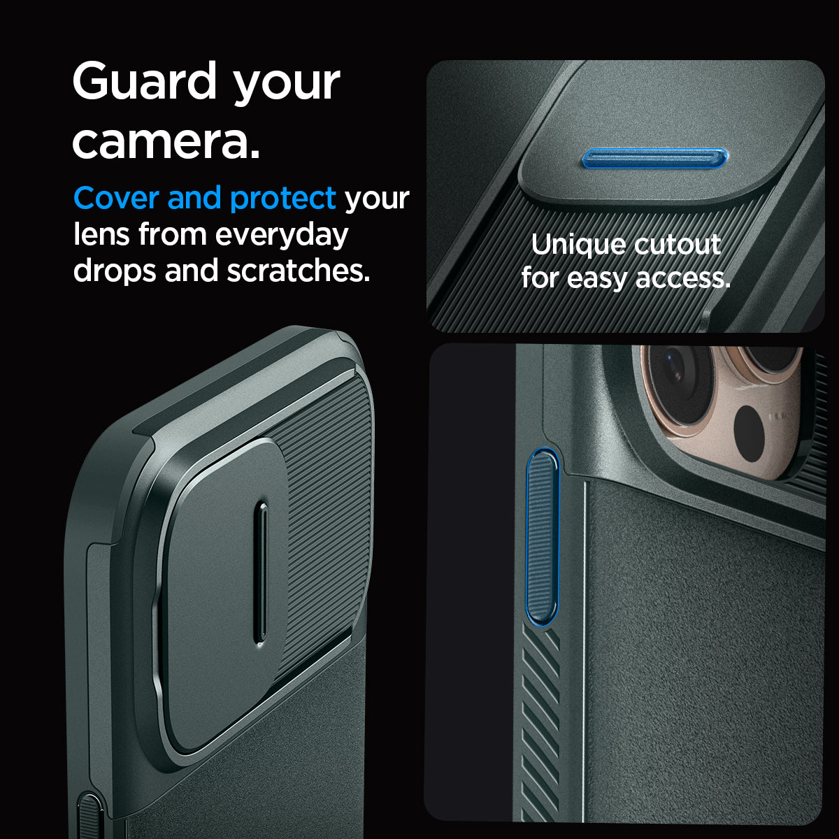 ACS08150 - iPhone 16 Pro Case Optik Armor (MagFit) in Abyss Green showing the unique cutout for easy access. Cover and protect your lens from everyday drops and scratches