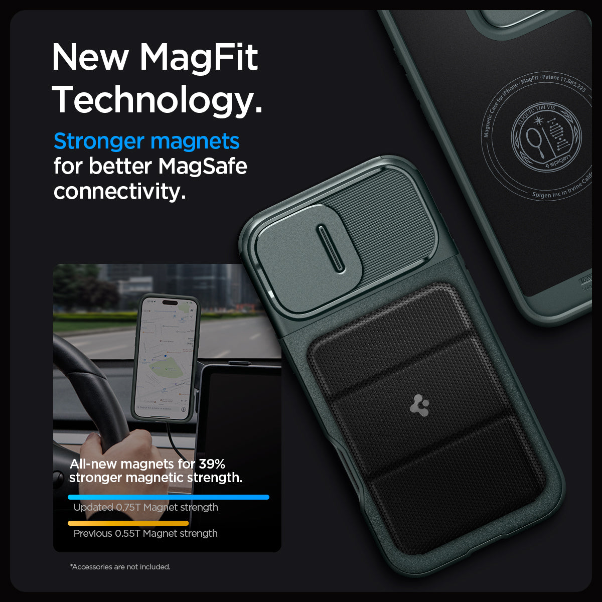 ACS08150 - iPhone 16 Pro Case Optik Armor (MagFit) in Abyss Green showing the new magfit technology. Stronger magnet for better magsafe connectivity. All-new magnets for 39% stronger magnetic strength
