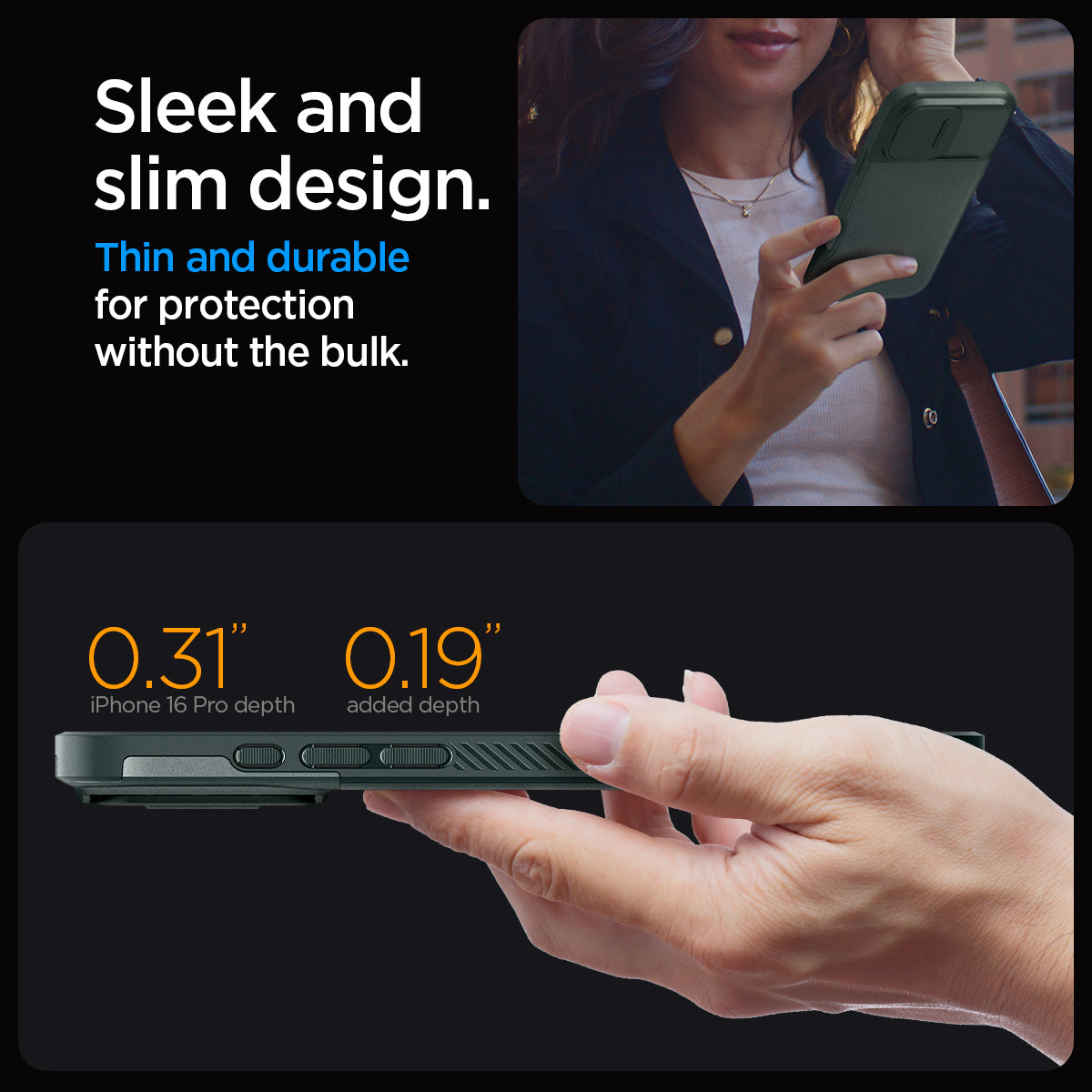 ACS08150 - iPhone 16 Pro Case Optik Armor (MagFit) in Abyss Green showing the sleek and slim design. Thin and durable for protection without the bulk. 0.31" iPhone 16 Pro Max depth | 0.19" added depth