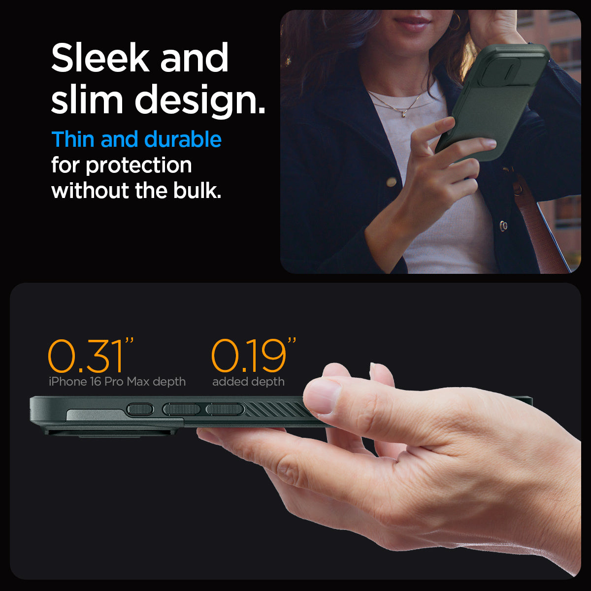 ACS08016 - iPhone 16 Pro Max Case Optik Armor (MagFit) in Abyss Green showing the sleek and slim design. Thin and durable for protection without the bulk. 0.31" iPhone 16 Pro Max depth | 0.19" added depth