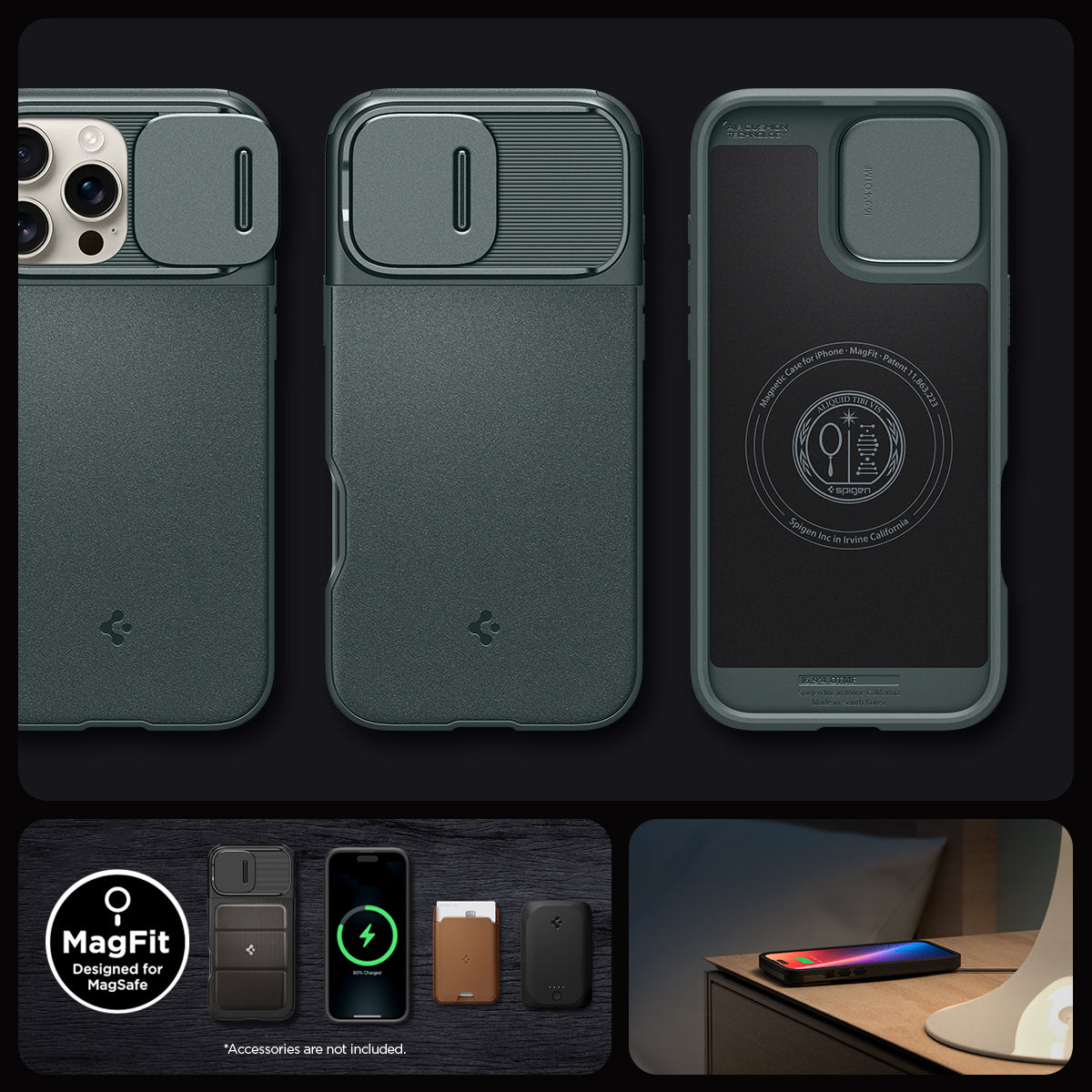 ACS08016 - iPhone 16 Pro Max Case Optik Armor (MagFit) in Abyss Green showing the different angles