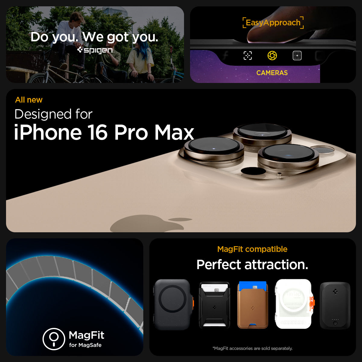 ACS07986 - iPhone 16 Pro Max Case Rugged Armor (MagFit) in Matte Black showing the EasyApproach. MagFit compatible. Compatibility only with iPhone 16 Pro Max