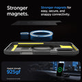 ACS07987 - iPhone 16 Pro Max Case Rugged Armor (MagFit) in Gray showing the stronger magnets. Stronger magnets for easy, secure, and snappy connectivity. Magnet strength 925gf