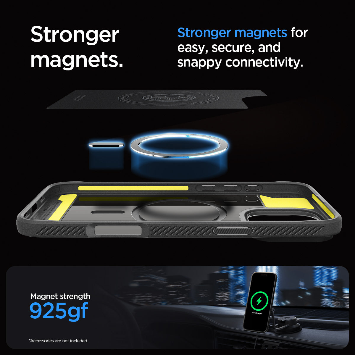 ACS07987 - iPhone 16 Pro Max Case Rugged Armor (MagFit) in Gray showing the stronger magnets. Stronger magnets for easy, secure, and snappy connectivity. Magnet strength 925gf
