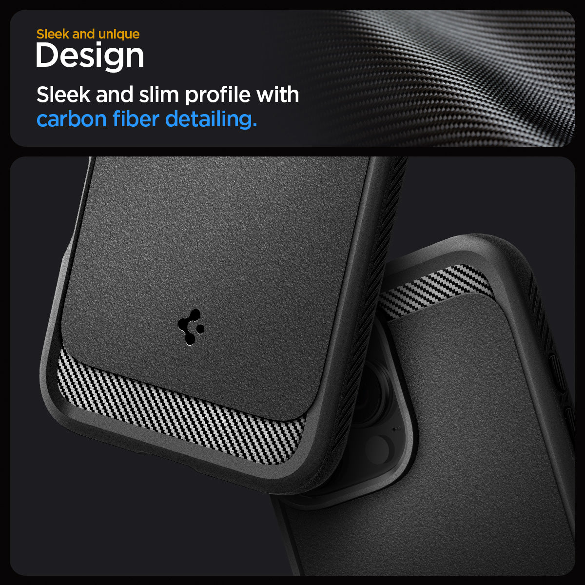 ACS08115 - iPhone 16 Pro Case Rugged Armor (MagFit) in Matte Black showing the sleek and unique design. Sleek and slim profile with carbon fiber detailing