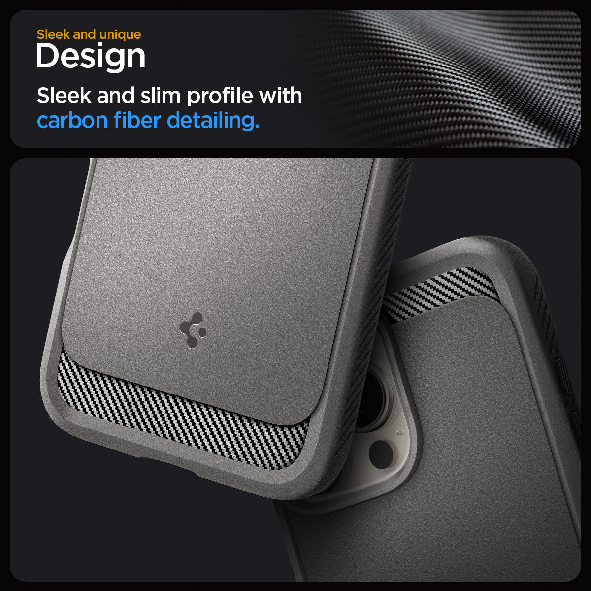ACS08116 - iPhone 16 Pro Case Rugged Armor (MagFit) in Gray showing the sleek and unique design. Sleek and slim profile with carbon fiber detailing