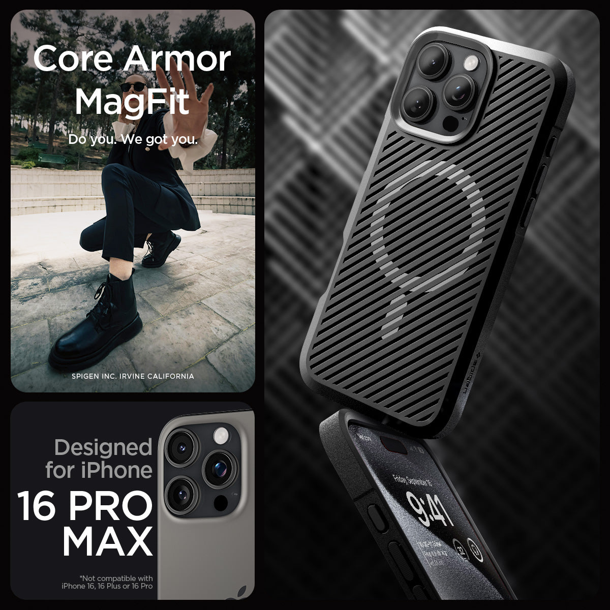 ACS08024 - iPhone 16 Pro Max Case Core Armor (MagFit) in Matte Black showing the compatibility only with iPhone 16 Pro Max