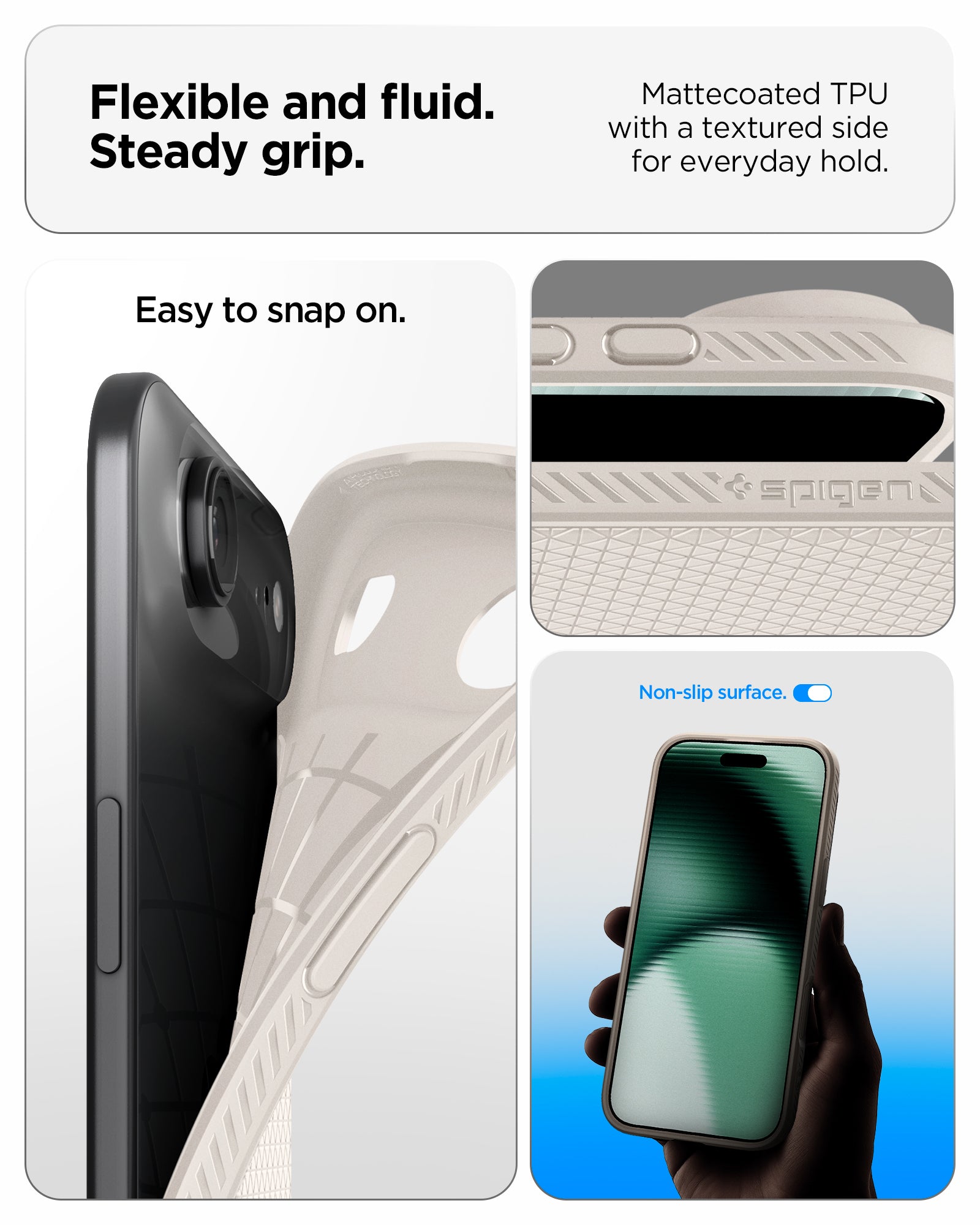 ACS09925 - iPhone 17 Air Liquid Air in Natural Titanium showing flexible and fluid steady grip. mattecoated TPU with a textured side for everyday hold.