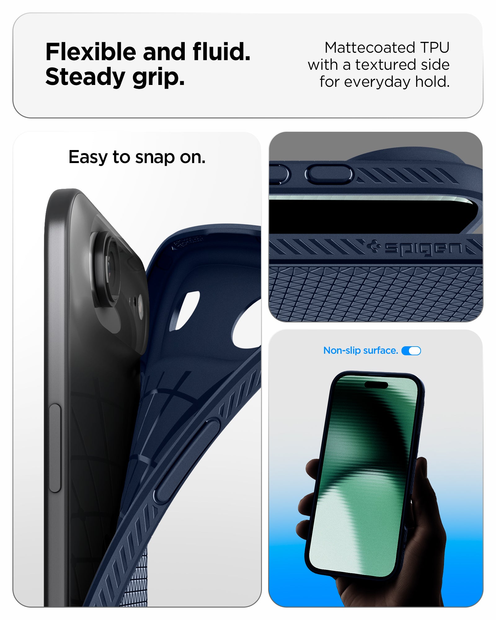ACS09923 - iPhone 17 Air Liquid Air in Navy Blue showing flexible and fluid steady grip. mattecoated TPU with a textured side for everyday hold.