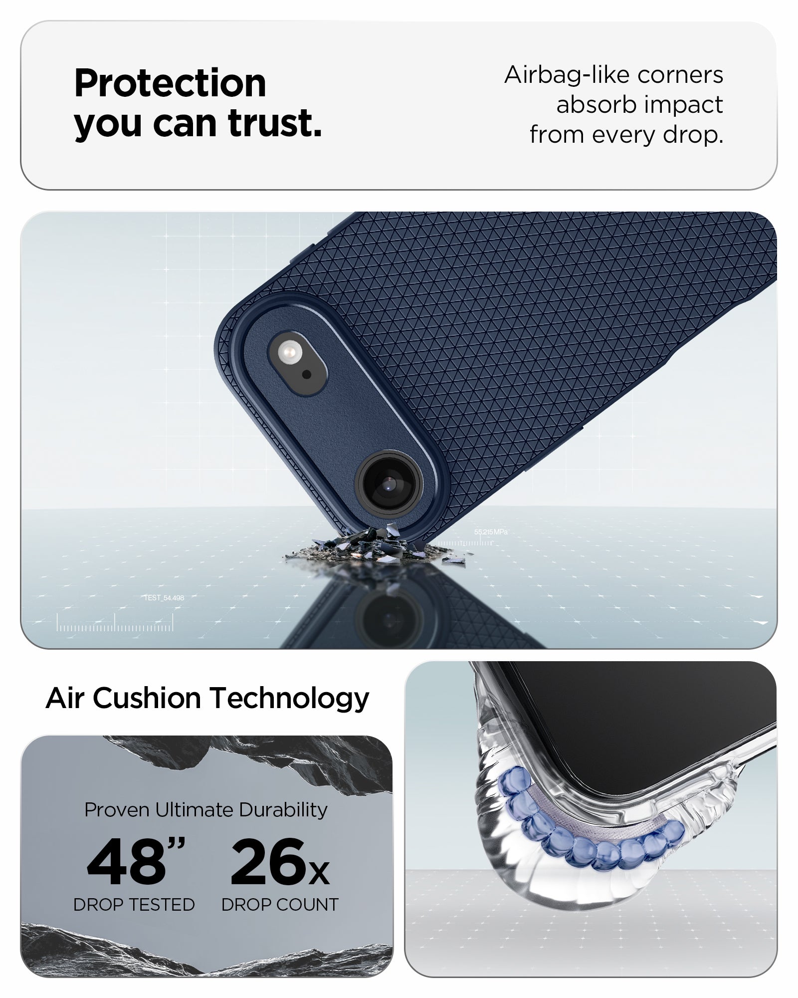 ACS09923 - iPhone 17 Air Liquid Air in Navy Blue protection you can trust. air bag like corners absorb impact from every drop. air cushion technology.