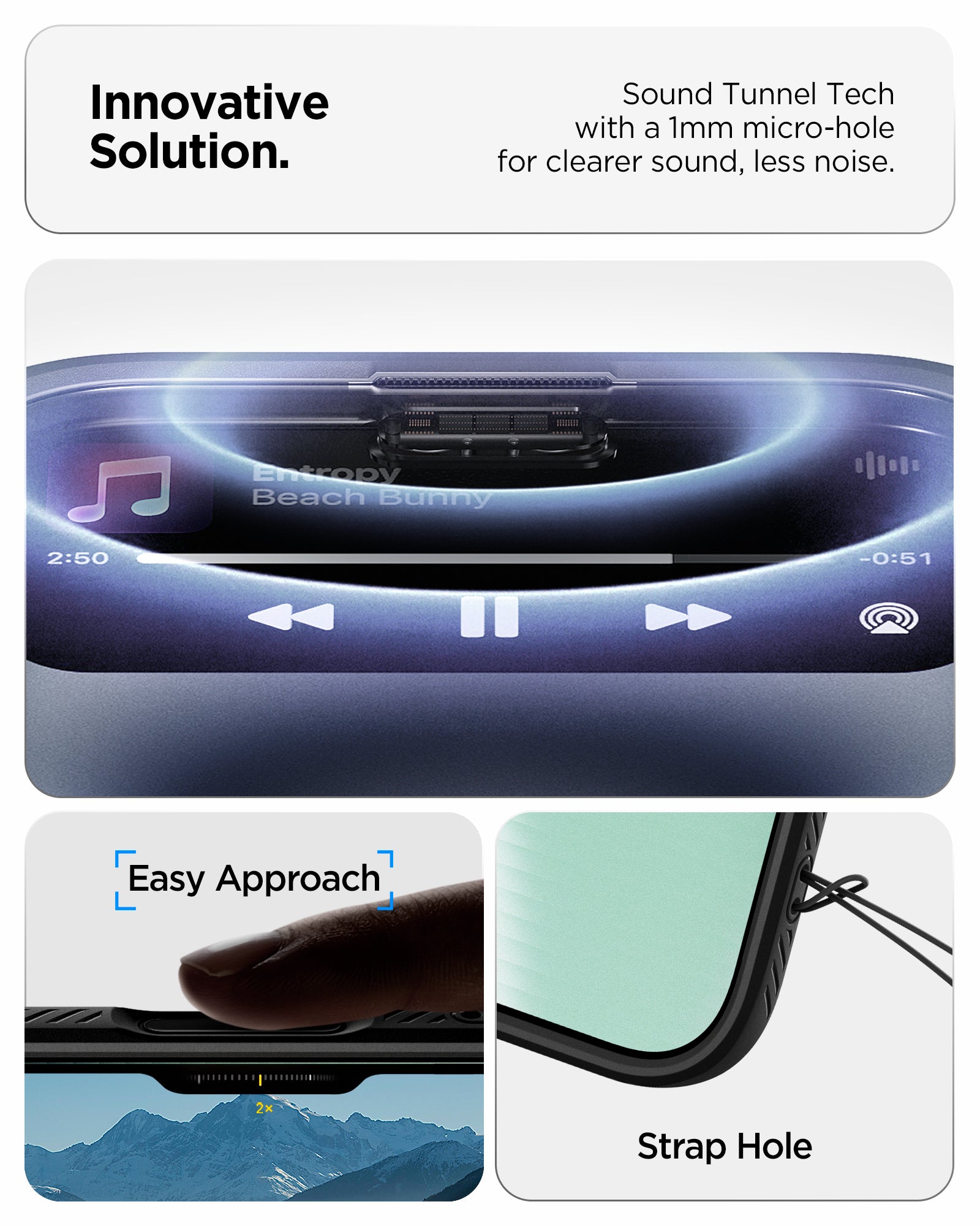 ACS09922 - iPhone 17 Air Liquid Air in Matte Black showing innovative solution. sound tunnel tech with a 1mm micro hole for cleaner sound, less noise.