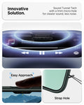 ACS09924 - iPhone 17 Air Liquid Air in Abyss Green showing innovative solution. sound tunnel tech with a 1mm micro hole for cleaner sound, less noise.
