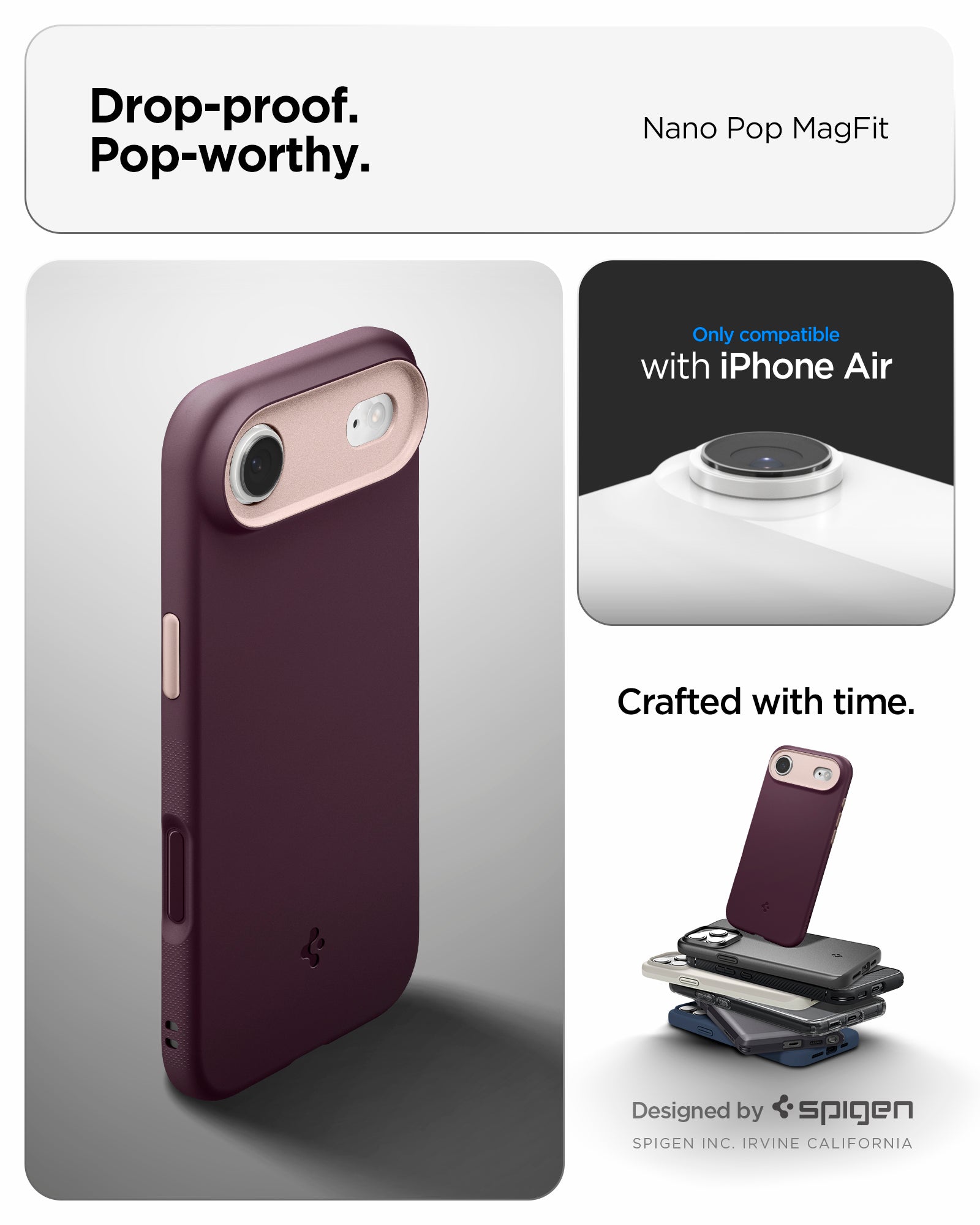 ACS09932 - iPhone 17 Air Case Nano Pop (MagFit) in burgundy bean showing the drop proof and pop worthy of case