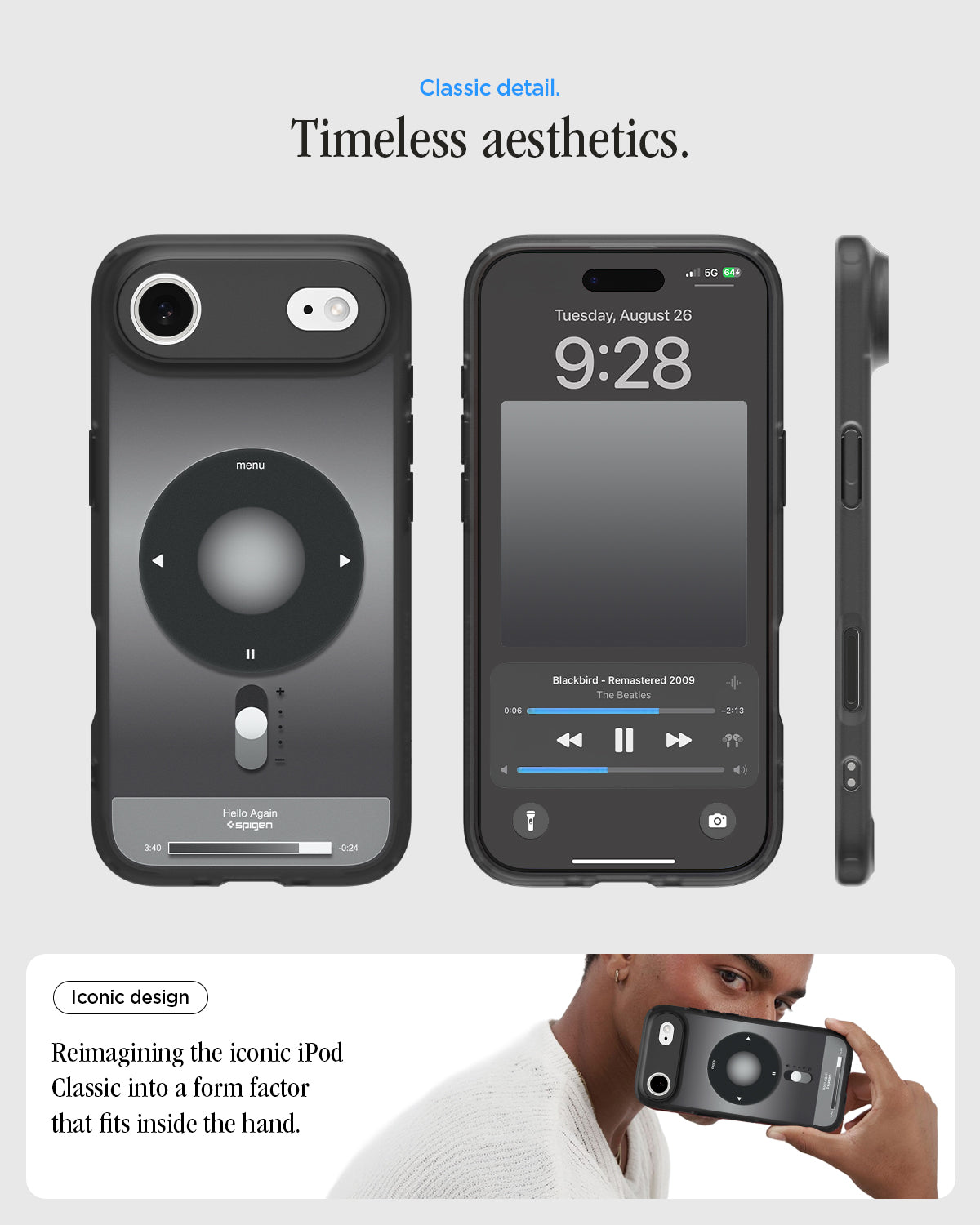 ACS10061 - iPhone 17 Air Ultra Hybrid Classic (MagFit) in Classic Black showing classic detail. timeless aesthetics. iconic design. reimagining the iconic iPod Classic into a form factor that fits inside the hand.