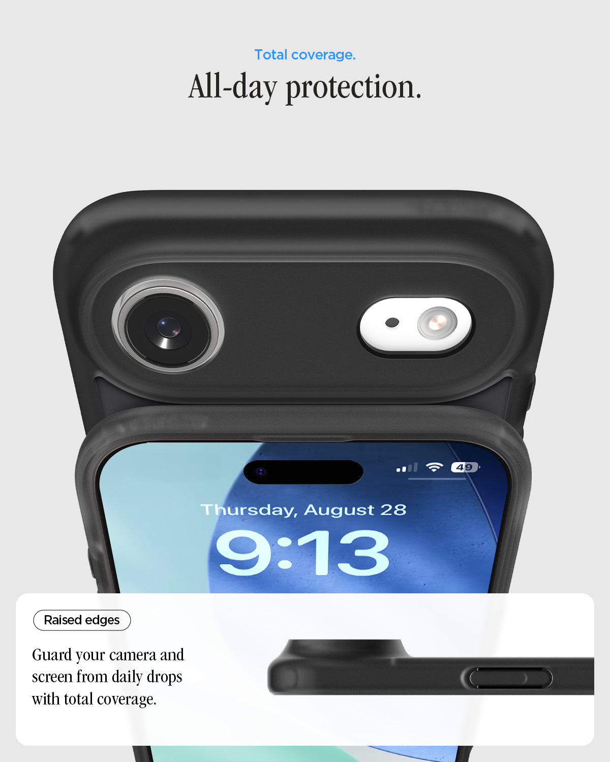 ACS10061 - iPhone 17 Air Ultra Hybrid Classic (MagFit) in Classic Black showing total coverage. all day protection. raised edges. guard your camera and screen from daily drops with total coverage.