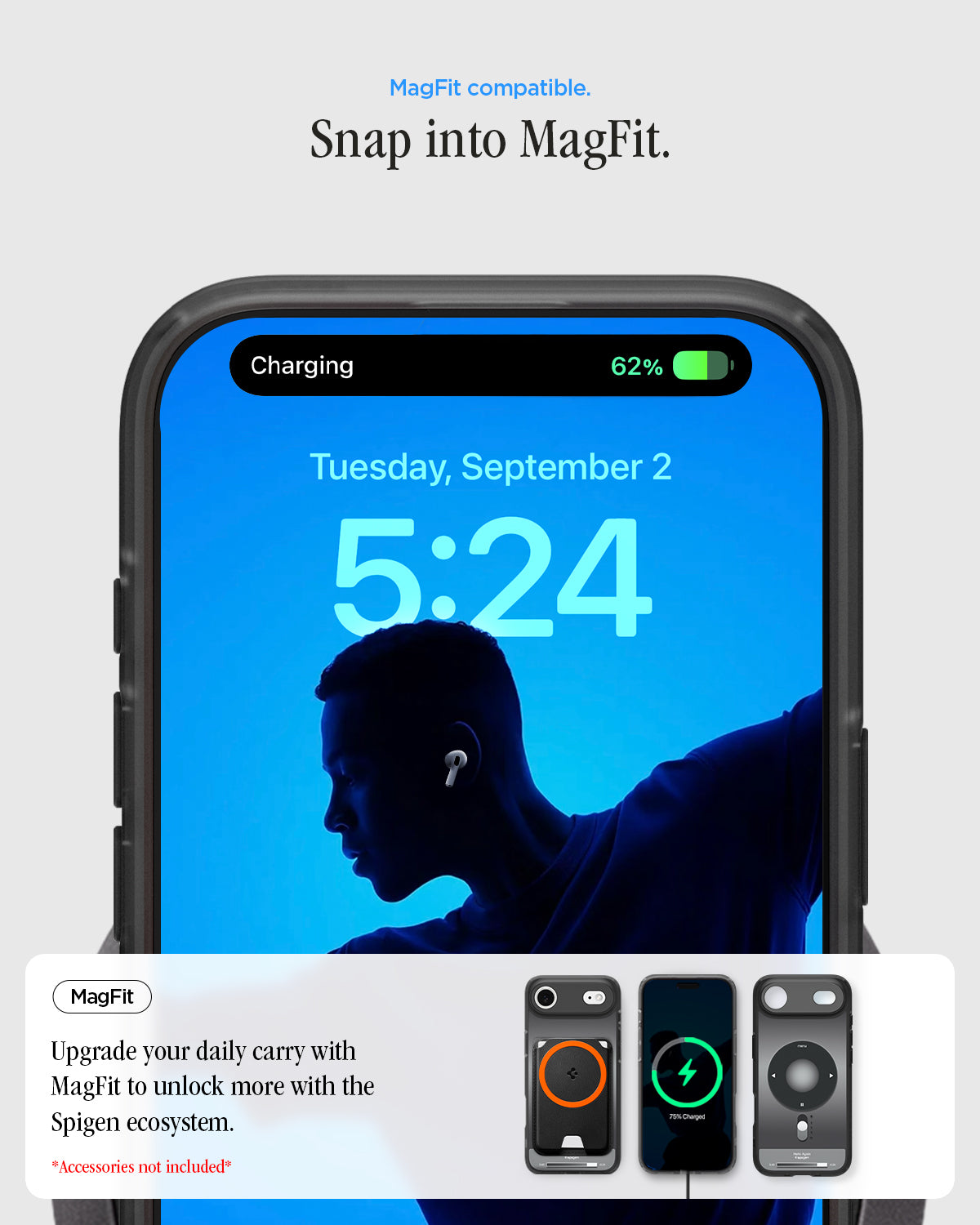 ACS10061 - iPhone 17 Air Ultra Hybrid Classic (MagFit) in Classic Black showing magfit compatible. snap into magfit. upgrade your daily carry with magfit to unlock more with the spigen ecosystem.