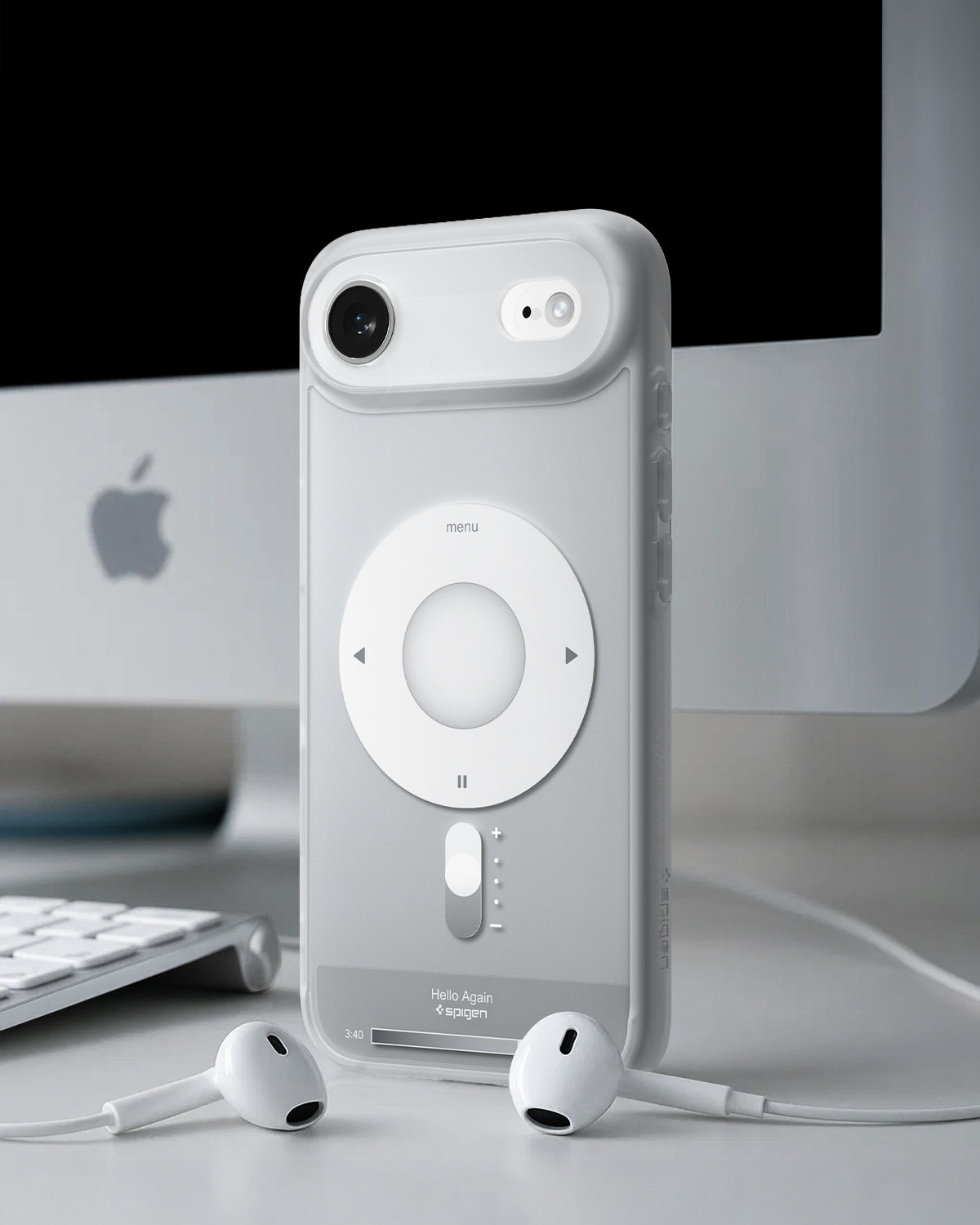ACS10060 - iPhone 17 Air Ultra Hybrid Classic (MagFit) in Classic Silver showing back of the case with airpods
