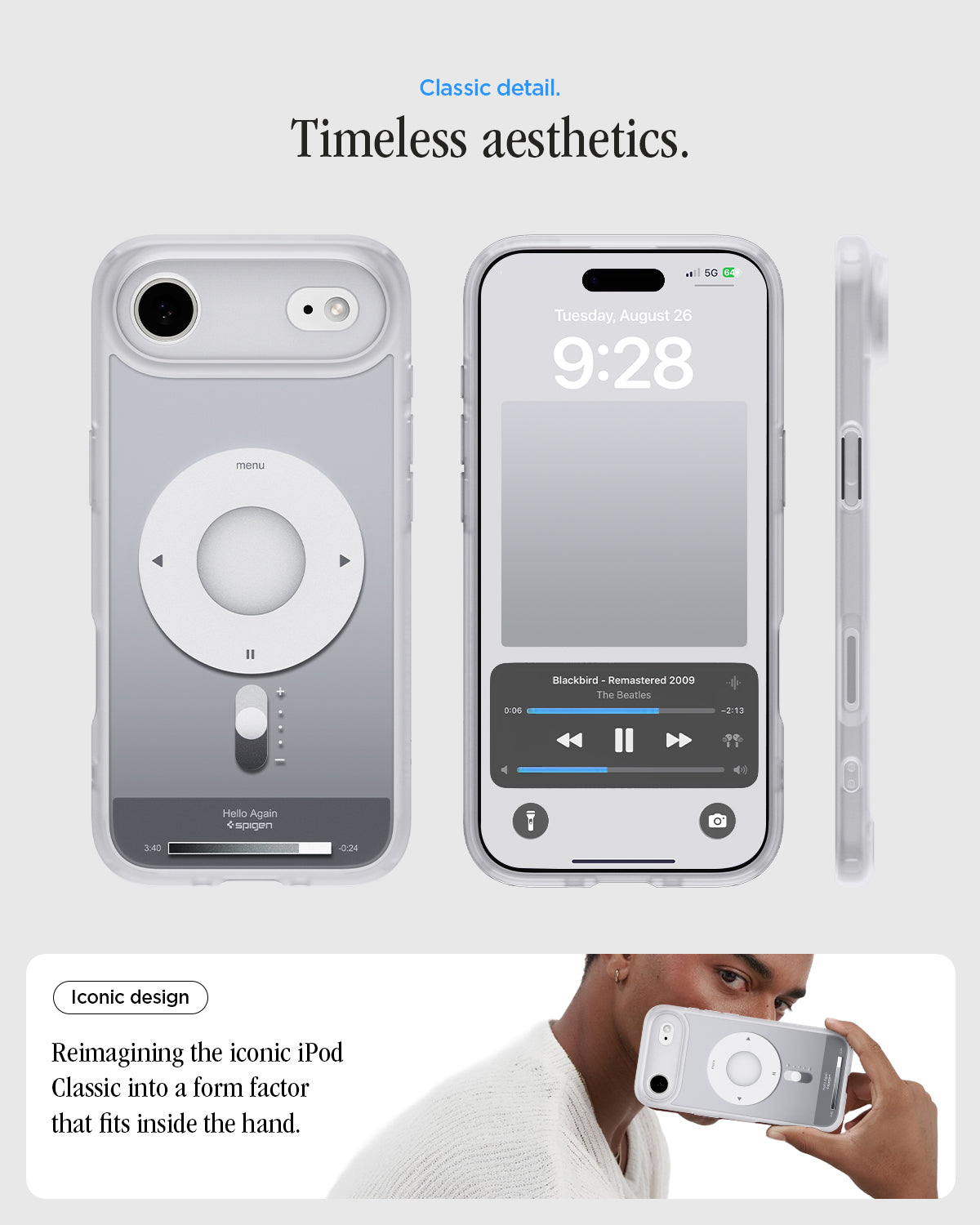 ACS10060 - iPhone 17 Air Ultra Hybrid Classic (MagFit) in Classic Silver showing classic detail. timeless aesthetics. iconic design. reimagining the iconic iPod Classic into a form factor that fits inside the hand.