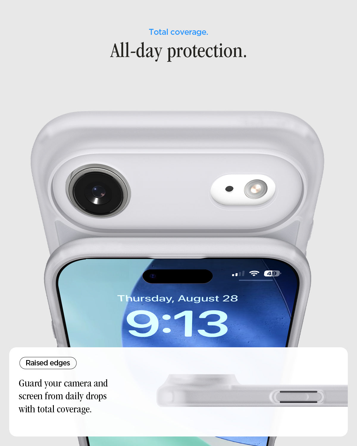 ACS10060 - iPhone 17 Air Ultra Hybrid Classic (MagFit) in Classic Silver showing total coverage. all day protection. raised edges. guard your camera and screen from daily drops with total coverage.