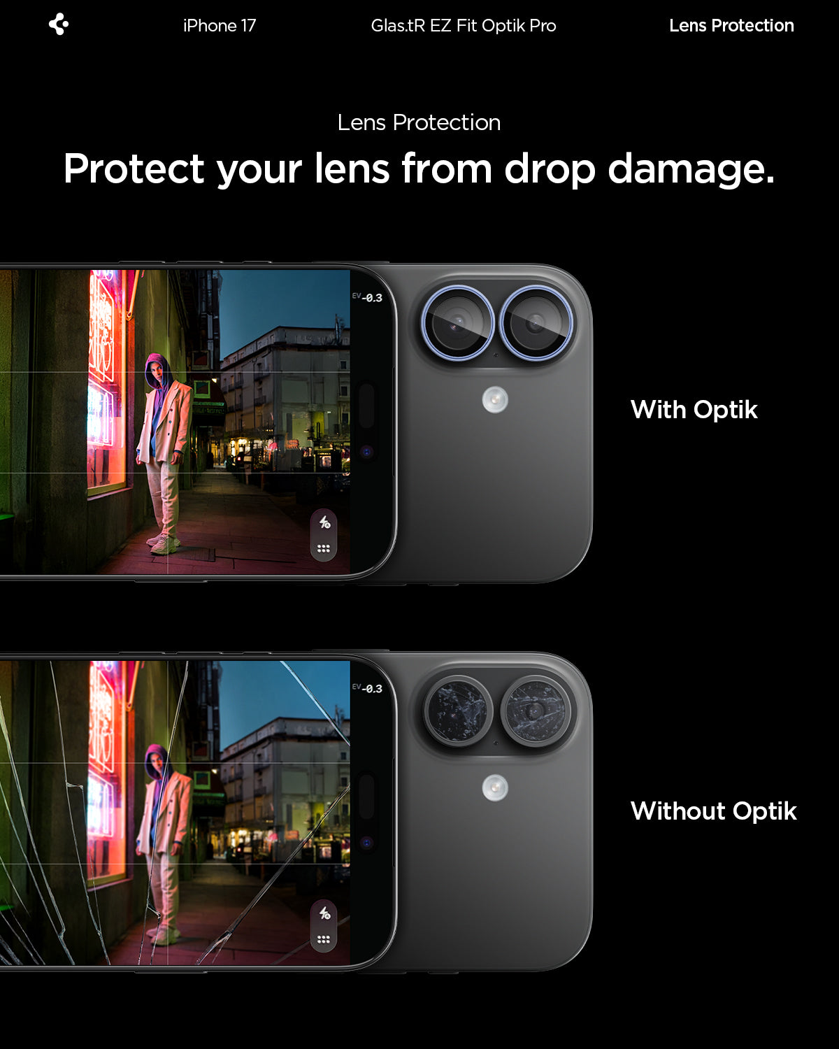 AGL10129 - iPhone 17 Optik Pro EZ Fit Lens Protector showing the lens protection. Protect your lens from drop damage