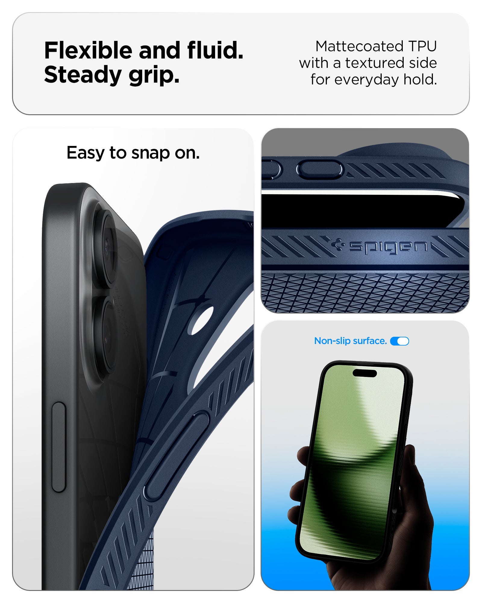 ACS09978 - iPhone 17 Liquid Air in Navy Blue showing flexible and fluid steady grip. mattecoated TPU with a textured side for everyday hold.