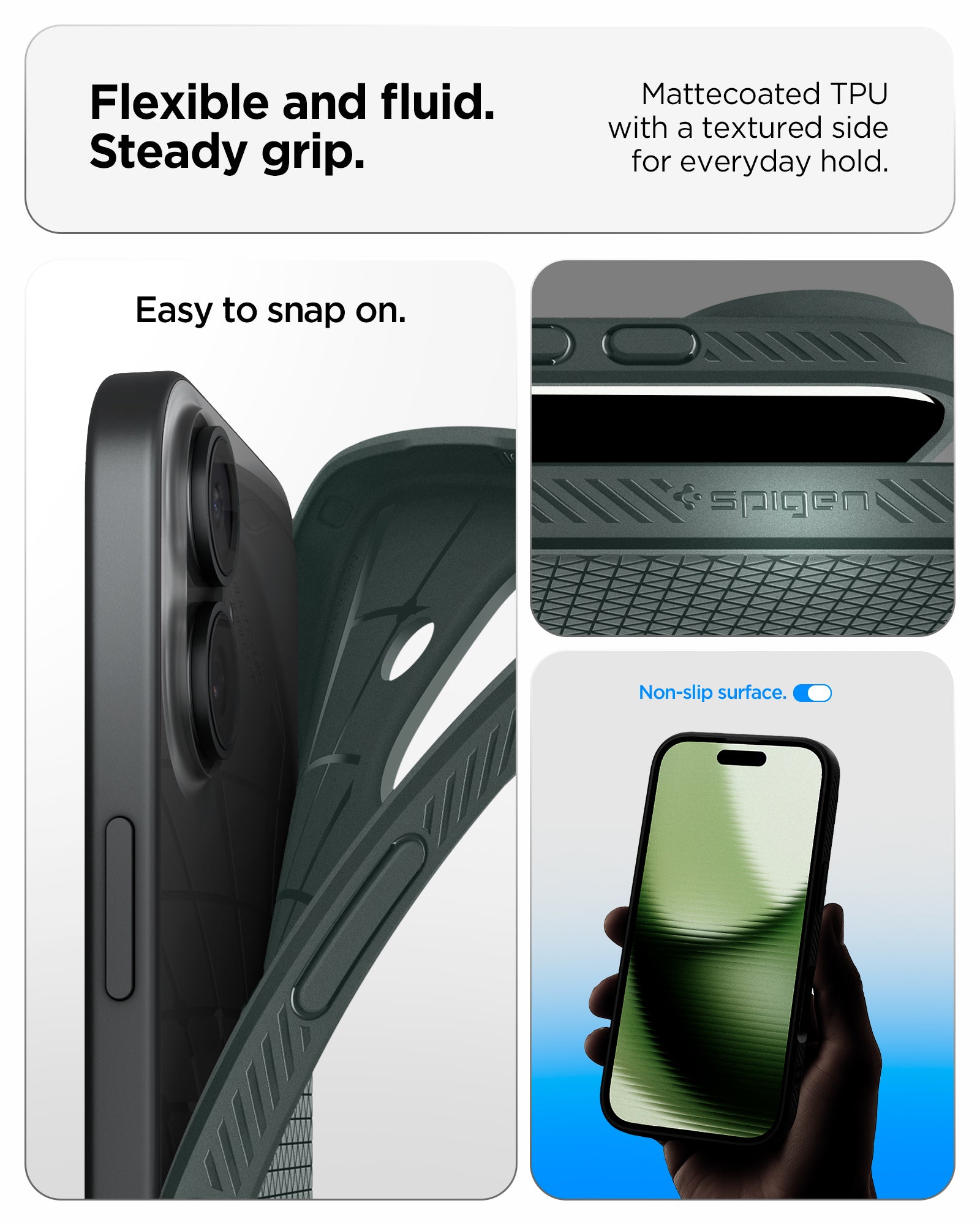 ACS09979 - iPhone 17 Liquid Air in Abyss Green showing flexible and fluid steady grip. mattecoated TPU with a textured side for everyday hold.