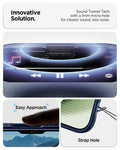ACS09978 - iPhone 17 Liquid Air in Navy Blue showing innovative solution. sound tunnel tech with a 1mm micro hole for cleaner sound, less noise.
