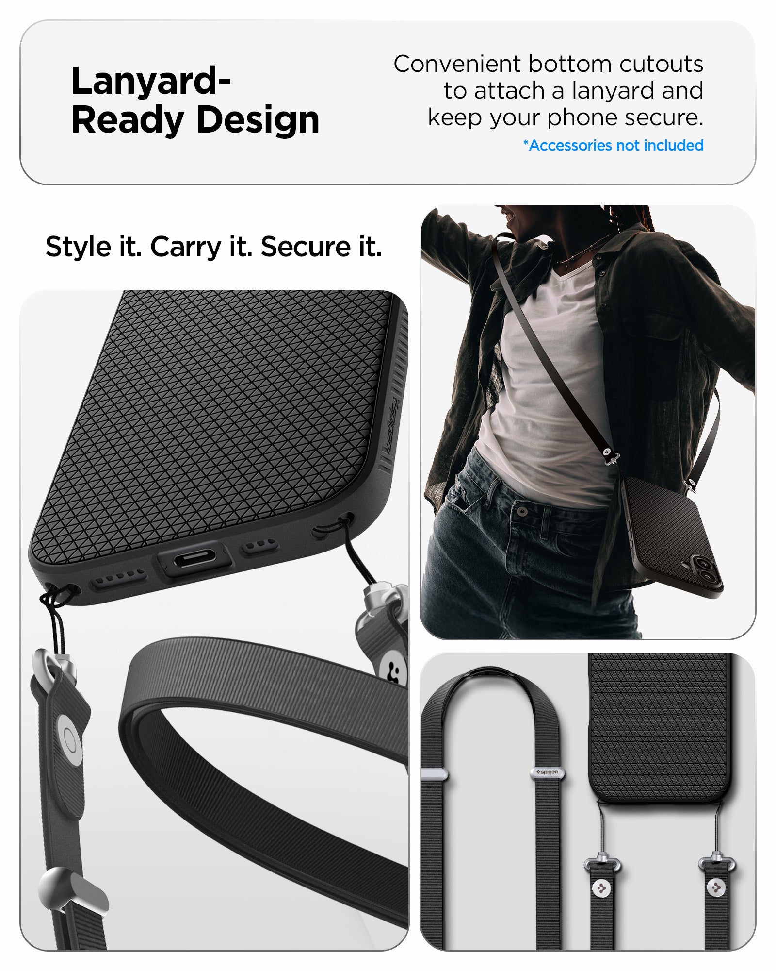 ACS09977 - iPhone 17 Liquid Air in Matte Black showing lanyard ready design. convenient bottom cutouts to attach a lanyard and keep your phone secure