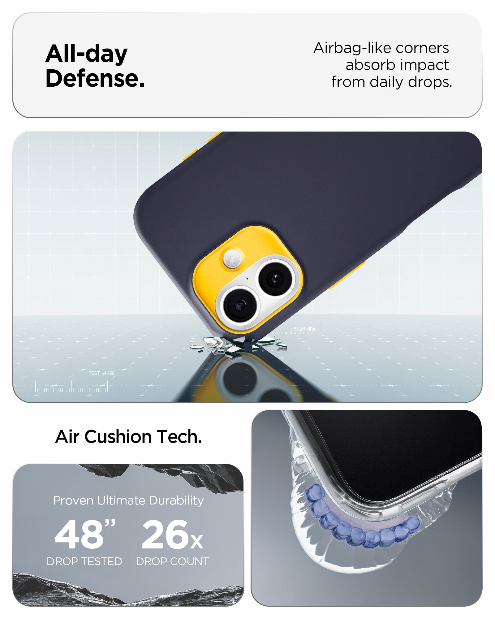 ACS09990 - iPhone 17 Nano Pop (MagFit) in Blueberry Navy showing the all day defense with airbag like corners that absorb impact from daily drops