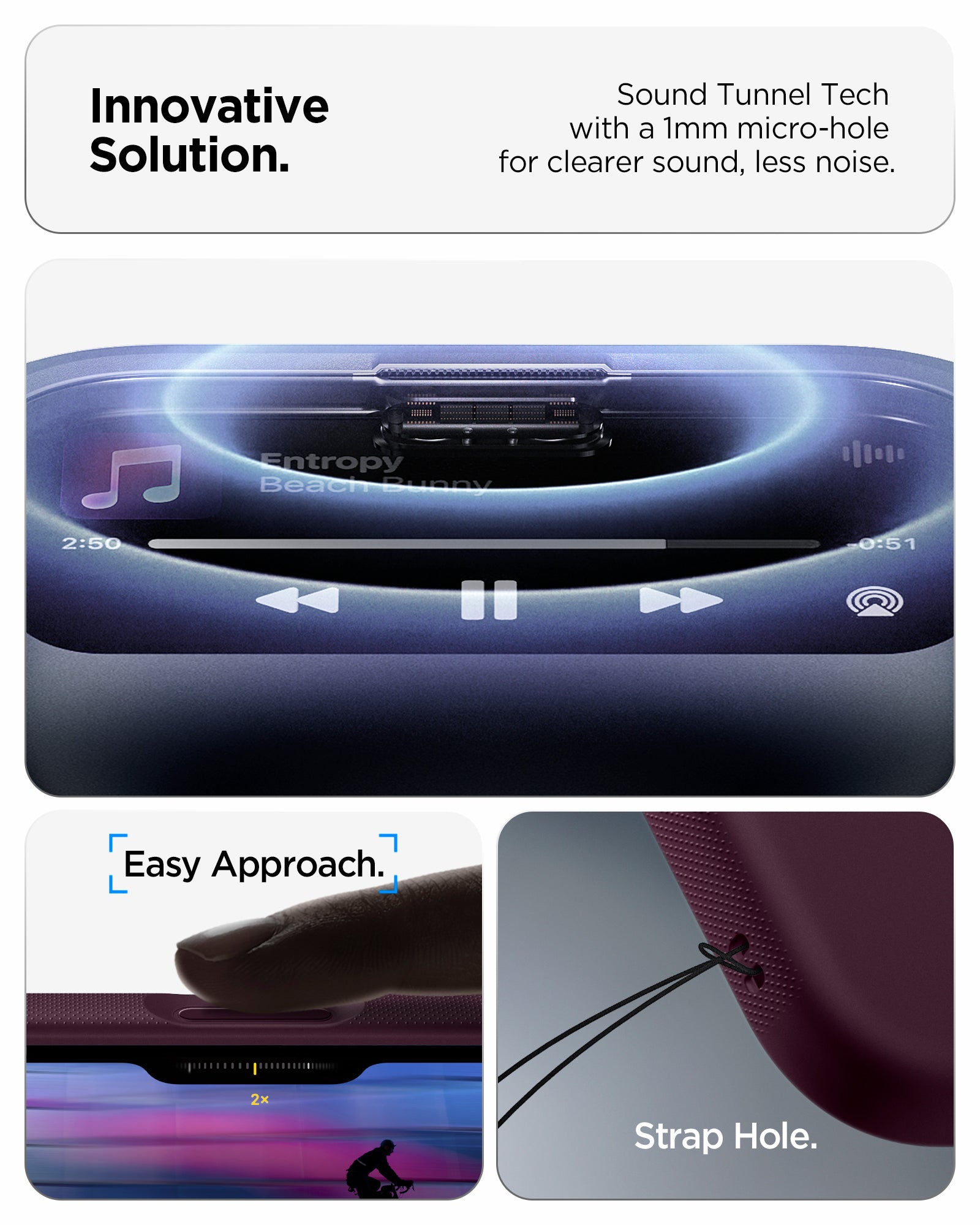 ACS09991 - iPhone 17 Nano Pop (MagFit) in Burgundy Bean showing the innovative solution. Sound tunnel tech with a 1mm micro-hole for clearer sound, less noise