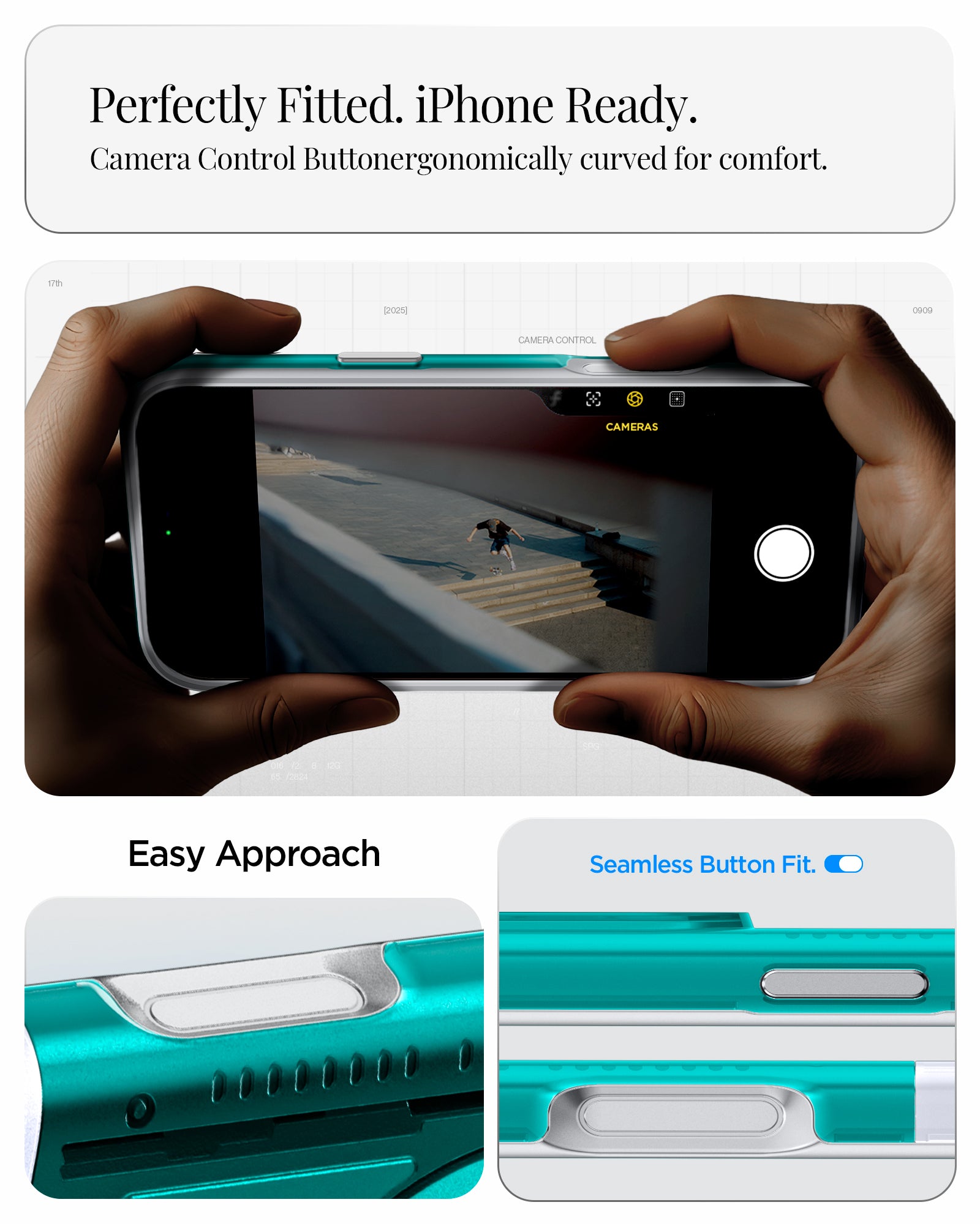 ACS09961 - iPhone 17 Pro Case Classic C1 (MagFit) in bondi blue showing perfectly fitted. iPhone ready. camera control button ergonomically curved for comfort. easy approach. seamless button fit.