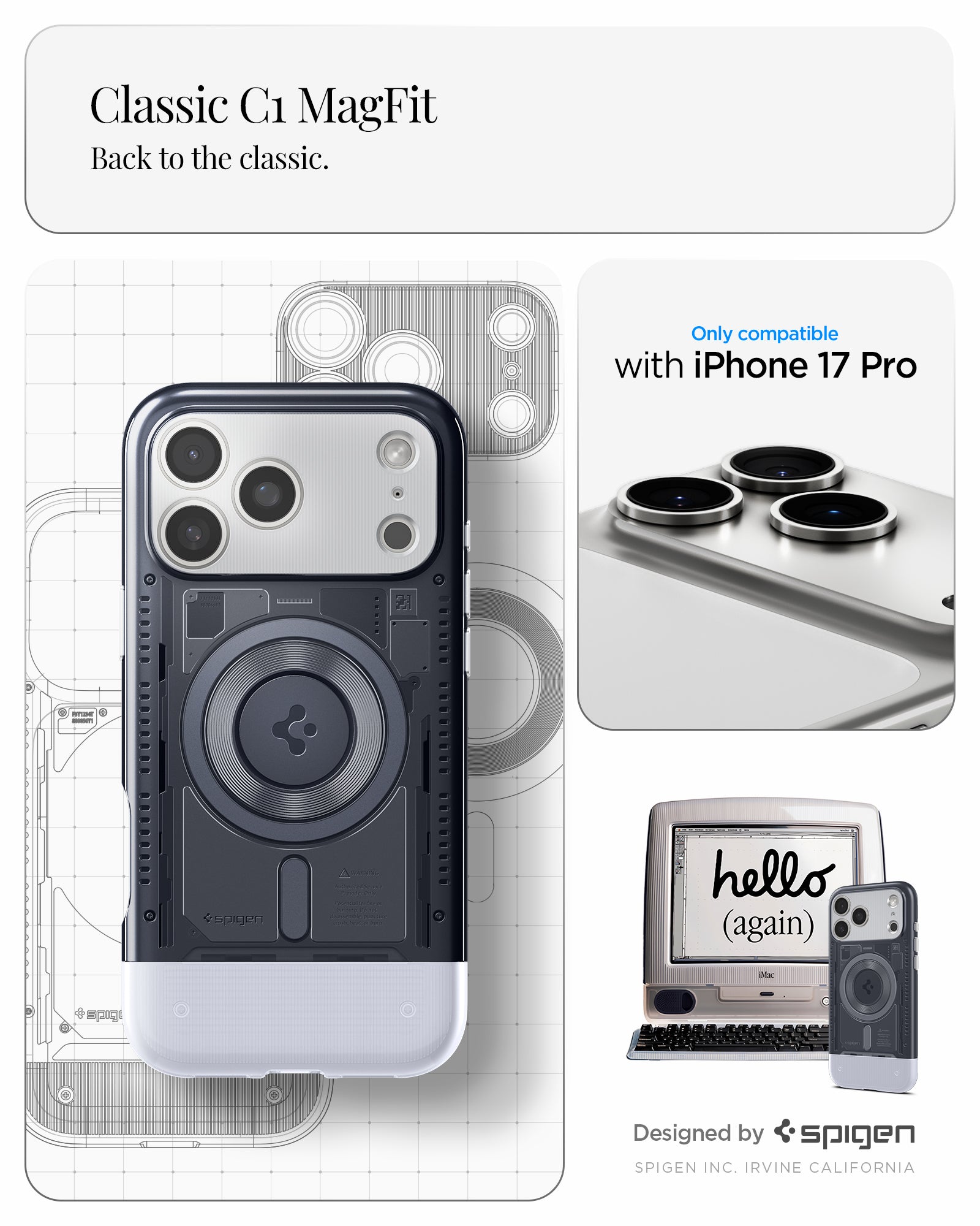 ACS09960 - iPhone 17 Pro Case Classic C1 (MagFit) in graphite showing classic C1 magfit. Back to the classic. designed by spigen.