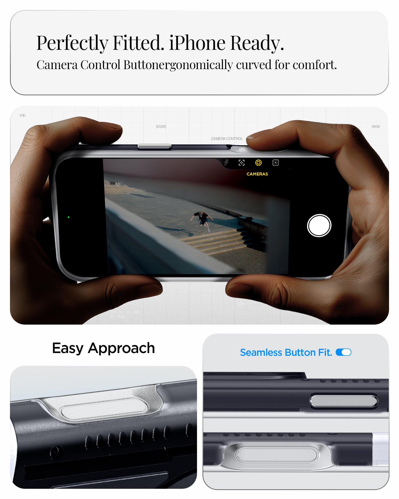 ACS09960 - iPhone 17 Pro Case Classic C1 (MagFit) in graphite showing perfectly fitted. iPhone ready. camera control button ergonomically curved for comfort. easy approach. seamless button fit.