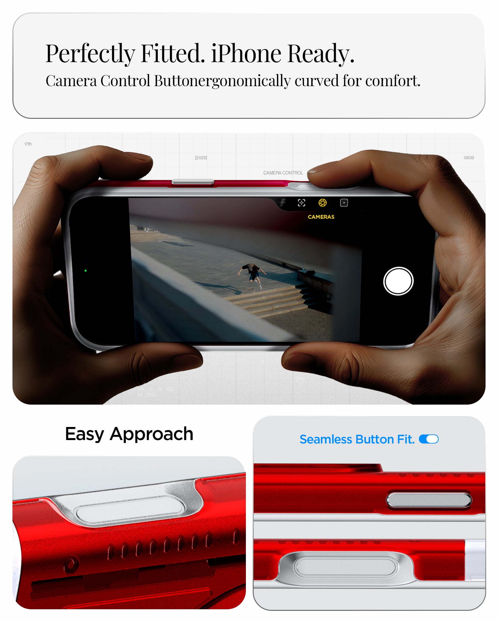 ACS09962 - iPhone 17 Pro Case Classic C1 (MagFit) in ruby showing perfectly fitted. iPhone ready. camera control button ergonomically curved for comfort. easy approach. seamless button fit.