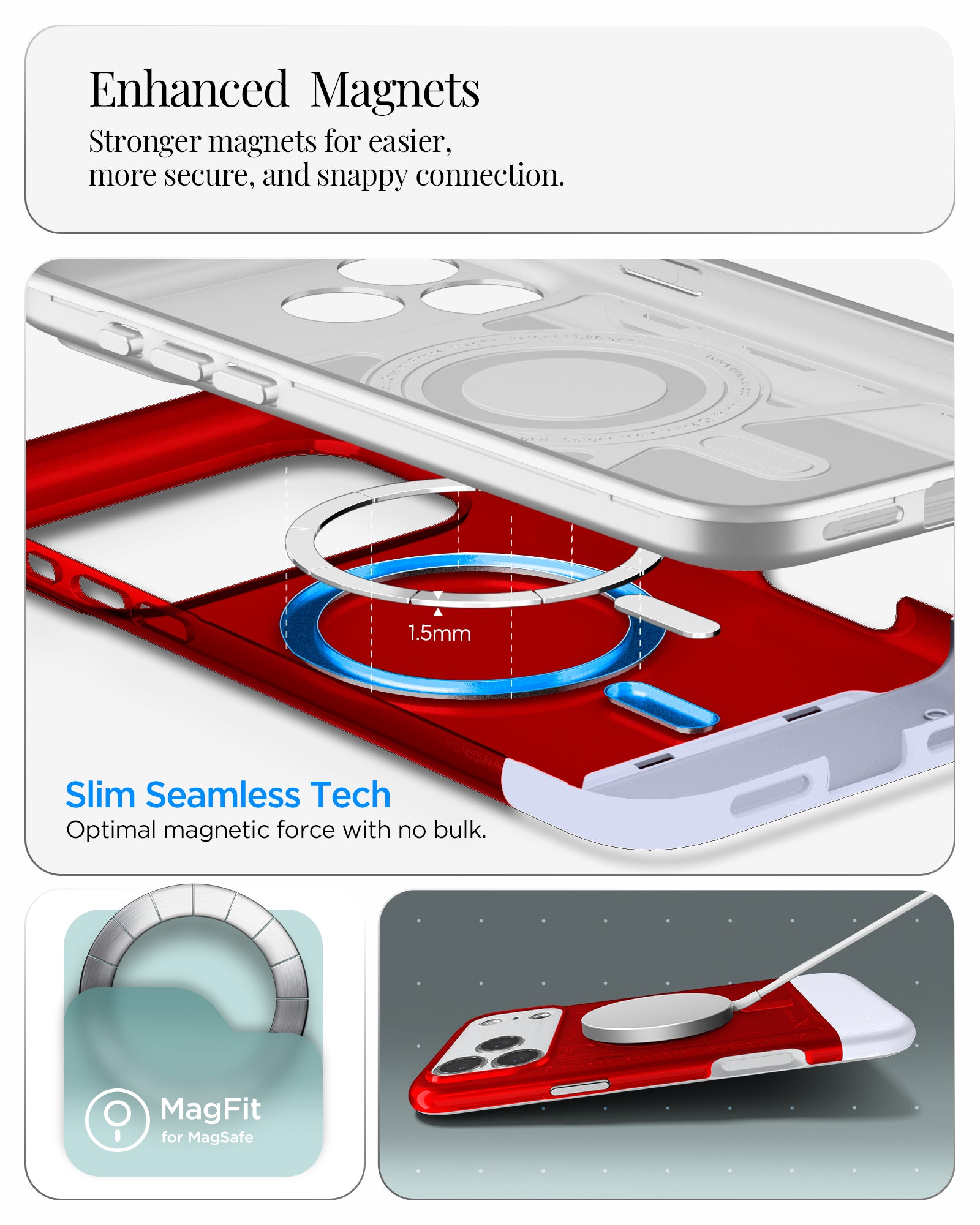 ACS09962 - iPhone 17 Pro Case Classic C1 (MagFit) in ruby showing enhanced magnets. stronger magnets for easier more secure and snappy connection. slim seamless tech. optimal magnetic force with no bulk.