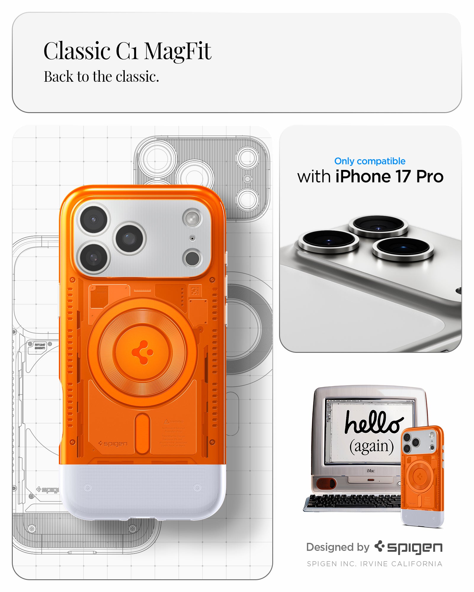 ACS09963 - iPhone 17 Pro Case Classic C1 (MagFit) in tangerine showing classic C1 magfit. Back to the classic. designed by spigen.