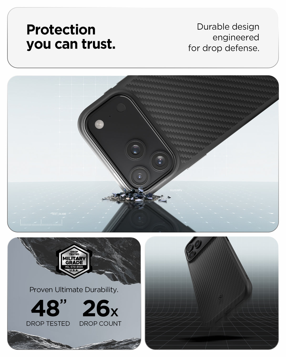 ACS09959CA - iPhone 18 Pro / iPhone 17 Pro Enzo Aramid T (Mag Fit) Black Black showing durable drop protection with reinforced construction and military grade testing